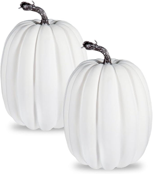 vensovo 2PCS 8 Inch White Plastic Pumpkins for Decorating – Large Artificial Foam Pumpkins for Fall Decor, Halloween, Thanksgiving, Paintable for DIY Crafts & Centerpieces