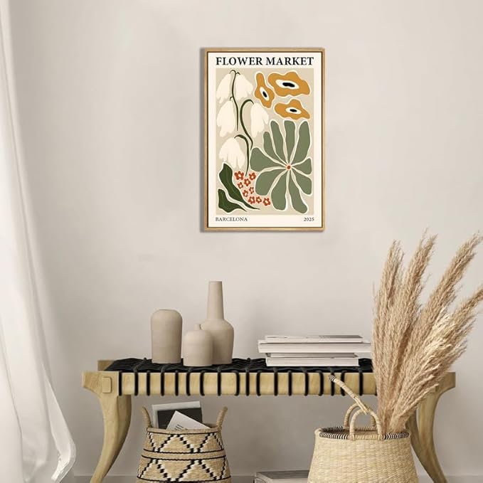 Gufro Flower Market Framed Canvas Wall Art，Green Fresh Boho Floral Wall Decor，Abstract Colorful Botanical Painting-12x16in