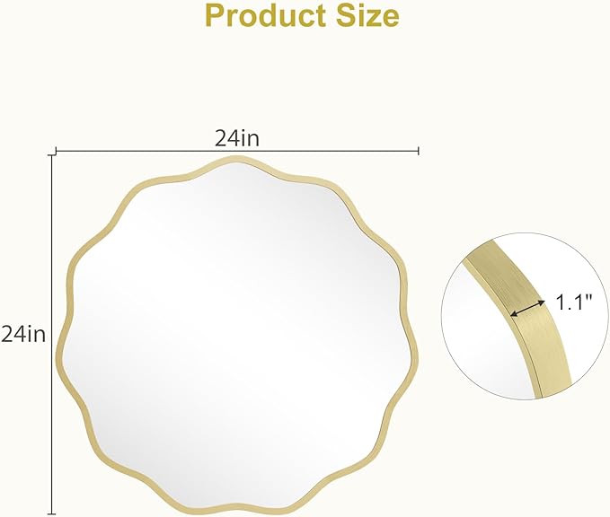WallBeyond Round Wavy Mirror for Wall Decorative 24 inch, Modern Round Mirror Aluminum Frame for Bathroom Bedroom Living Room Home House Office Entryway, Gold