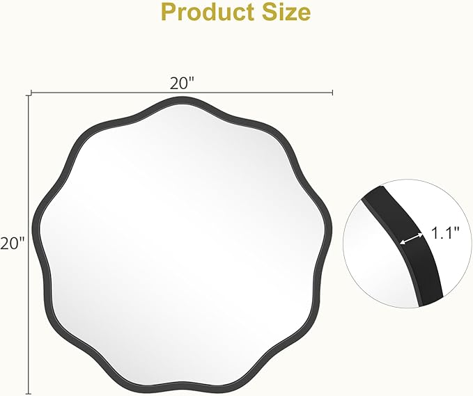 WallBeyond Round Wavy Mirror for Wall Decorative 20 inch, Modern Round Mirror Aluminum Frame for Bathroom Bedroom Living Room Home House Office Entryway, Black