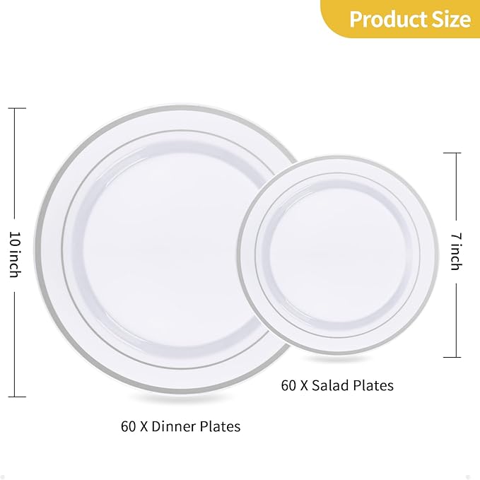 Goodluck 120PCS Silver Plastic Plates, Heavy Duty Disposable Silver Plates with 60 10.25 inch Dinner Plates and 60 7.5 inch Dessert Plates, Disposable Plates for Party, Holiday, Wedding