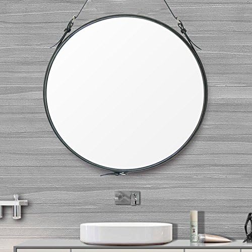 HofferRuffer Round Wall Mirror Decorative Mirror, Hanging Mirror with Hanging Strap Silver Hardware Hooker/Hanger (Black, 20'')