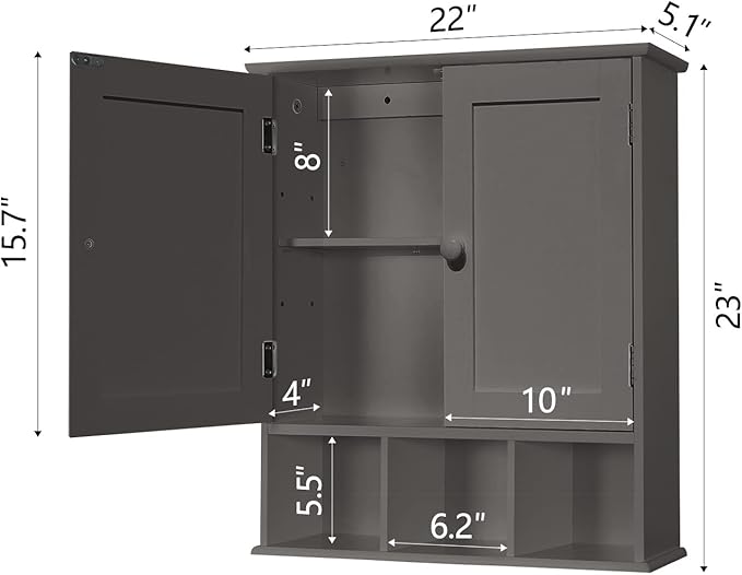 TaoHFE Grey Bathroom Cabinet with 2 Door Adjustable Shelves, Over The Toilet Storage, Wall Mounted Medicine Cabinet for Bathroom & Laundry Room