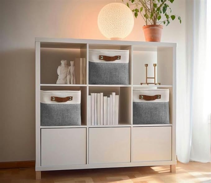 DECOMOMO Storage Bins Fabric Storage Baskets for Shelves, Linen Closet Organization Toys Nursery (Slate Grey and White, Large - 3 Pack)