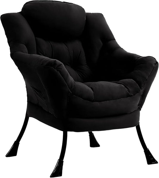 Lazy Chair for Living Room, Modern Accent Chairs with Armrests, Comfy Lounge Chair with Side Pocket, Cozy Lazy Sofa for Reading, Balcony, Bedroom, Dorm, Small Spaces (Black)