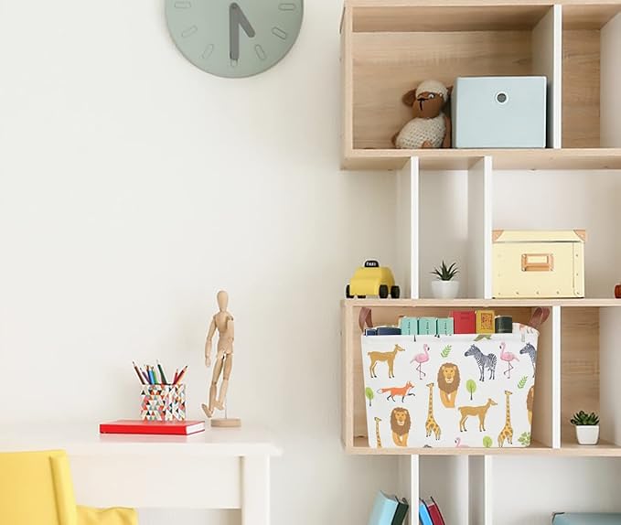 CLOCOR Rectangular Storage Basket,Collapsible Woodland Jungle Forest Printed Storage Bin,Rectangular Waterproof Gift Box with Handles,Playroom Decor(Jungle Animals)