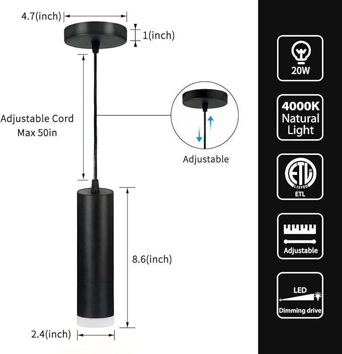 OKELI Pendant Lights Kitchen Island, Modern Unique Adjustable Focus Pendant Lighting for Kitchen Island Dining Room, Bedroom,Bar, Black LED Mini Spot Pendant Lights with 20W,4000K, ETL5026458(1Pack)