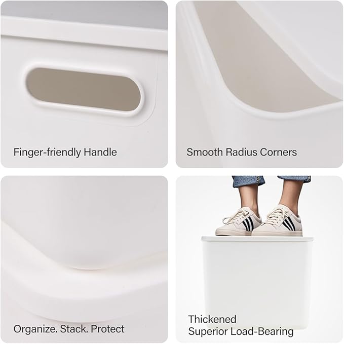 DOUKE White Plastic Storage Bins with Lids, 16qt & 8qt Stackable Storage Containers for Toys Crafts Snack, Aesthetic Lidded White Storage Baskets for Closet Shelves Pantry Office Playroom(4M+2S)