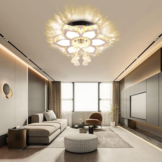 FRIXCHUR Chandelier LED Crystal Ceiling Light 13.4" Flower Shape Chandeliers Flush Mount Ceiling Light Modern Chandelier Lighting for Hallway Bedroom Dining Room Kitchen (Warm White)