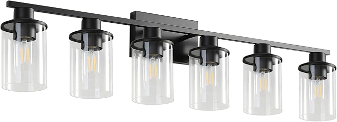 LOUSACE 6 Light Bathroom Vanity Light, Matte Black Bathroom Light Fixtures, Modern Bathroom Lights Over Mirror with Clear Glass Shade, Wall Sconce Lighting for Bedroom Living Room