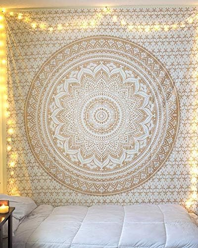 RAJRANG Large Mandala Tapestry for Bedroom and Living Room Decor Boho Bohemian Wall Hanging Cotton Tapestries (Golden and White, Ombre, 90x108 Inch, King Size)
