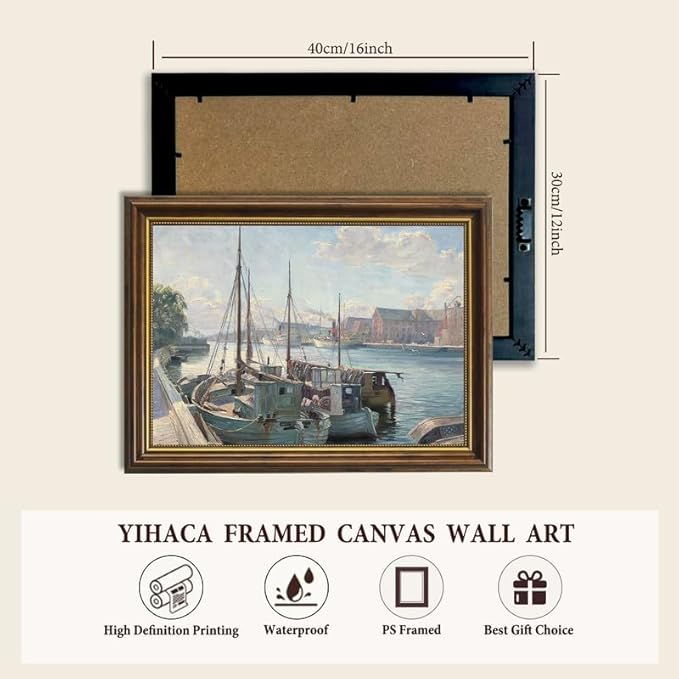 Yihaca Framed Canvas Prints Art Vintage Decor, Boats moored at a quay Canvas Prints Wall Decorations, Home Office Farmhouse Bathroom Decor-12''x16''in Vintage Brown Framed