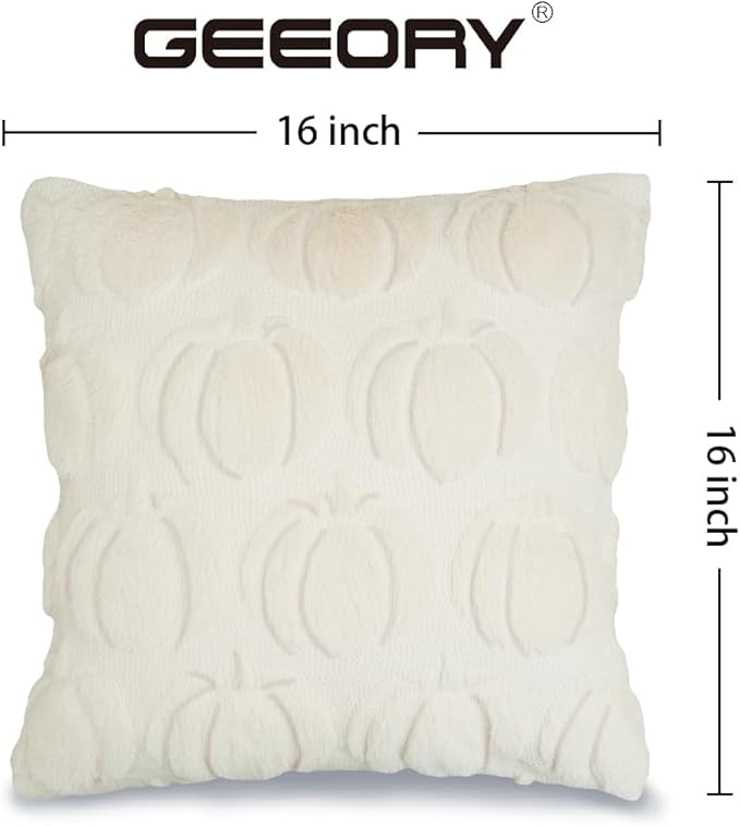 GEEORY Fall Pumpkins Soft Plush Pillow Covers, 16 x 16 Inch Set of 2, Fluffy Faux Fur Wool Decorative Farmhouse Cushion Case for Sofa Home Decoration Beige Pumpkin GC020-16