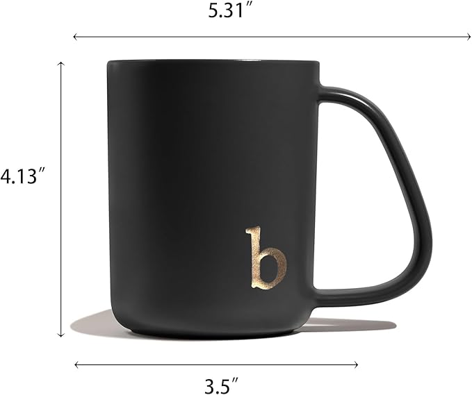 COLLECTIVE HOME - Ergonomic Handle Ceramic Mug, 15 oz Personalized Coffee Cup with Golden Initial, Microwave & Dishwasher Safe, Elegant Monogram Tea Mug in Gift Box for Home & Office (Black-b)
