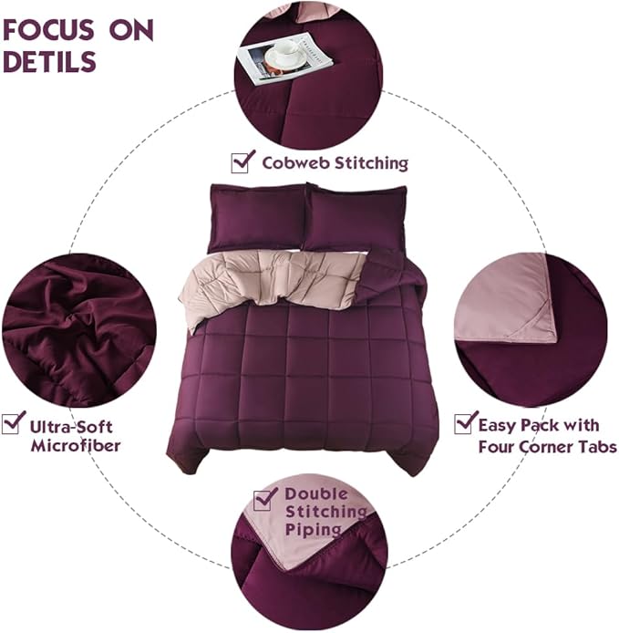 HIG 3pc Plum King Size Comforter Set - All Season Reversible Down Alternative Comforter with Two Shams - Quilted Duvet Insert with Corner Tabs - Box Stitched - Breathable, Soft, Fluffy