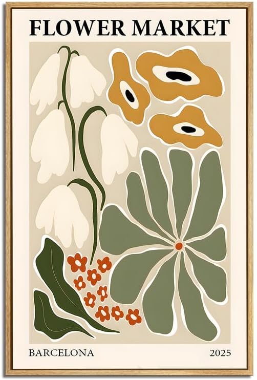 Gufro Flower Market Framed Canvas Wall Art，Green Fresh Boho Floral Wall Decor，Abstract Colorful Botanical Painting-16x24in