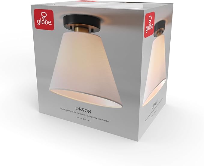 GLOBE Electric 66000137 1-Light Semi-Flush Mount Light, Matte Black, Matte Brass Accent, White Linen Shade, Modern Ceiling Light Fixture for Kitchen Island, Hallway, Living Room, or Bedroom