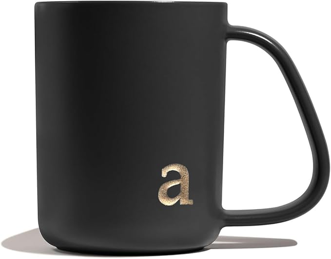 COLLECTIVE HOME - Ergonomic Handle Ceramic Mug, 15 oz Personalized Coffee Cup with Golden Initial, Microwave & Dishwasher Safe, Elegant Monogram Tea Mug in Gift Box for Home & Office (Black-a)