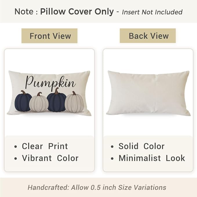 PANDICORN Fall Throw Pillow Covers 12x20 Inch, Navy Blue Pumpkin Lumbar Decorative Cushion Case, Fall Decorations for Home Decor Outdoor Farmhouse Autumn Pillowcase for Living Room Sofa Couch Porch