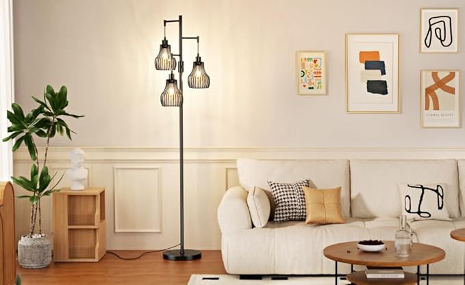 Dimmable Floor Lamp, 3 x 800LM LED Edison Bulbs Included, Farmhouse Industrial Floor Lamp Standing Tree Lamp with Elegant Cage Tall Lamps for Living Room Bedroom Office - Black
