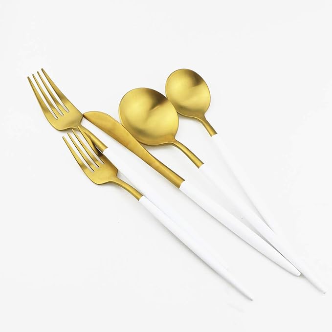 Gugrida White Gold Flatware, Royal 20 Piece Matte White Handle 18/10 Stainless Steel Tableware Sets for 4 Including Forks Spoons Knives, Camping Silverware Travel Utensils Set Cutlery (White Gold)