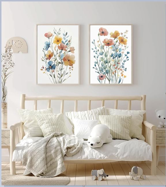 Framed Colorful Flowers Canvas Wall Art for Bathroom Decor, Blue Floral Print, Yellow Orange Flowers Artwork Pictures Poster for Bedroom Living Room Office Decoration 12"x16"x2 Panels