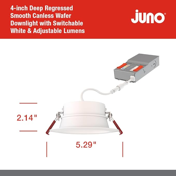 Juno Canless LED Wafer Light, Round Wafer Downlight, 5-in-1 Switchable White Color Temperature, Adjustable Brightness, Deep Regressed Smooth Trim, 4-Inch, White (WF4 Dreg SM ALO19 SWW5 90CRI MW M6)