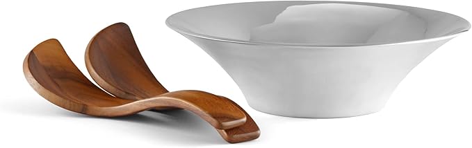 Nambé Round Salad Bowl with Acacia Wood Servers – Contemporary Alloy Serving Dish for Salads, Pasta, or Hors d’Oeuvres, Elegant Centerpiece for Dining Table, Buffet, or Kitchen Display