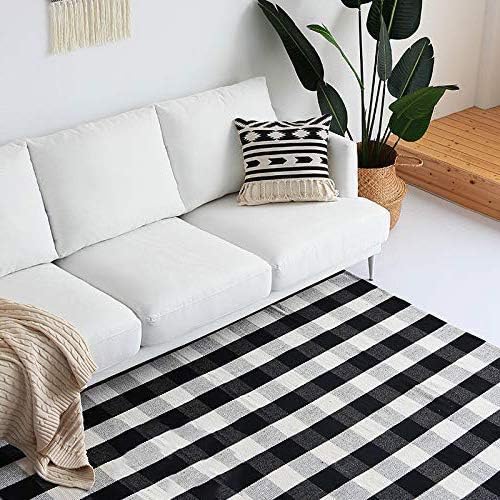 SEEKSEE Cotton Buffalo Plaid Rug 3'x5' Black and White Checked Rug Washable Doormats Indoor Outdoor Rugs for Layered Front Door Mats, Porch, Kitchen, Farmhouse, Entryway