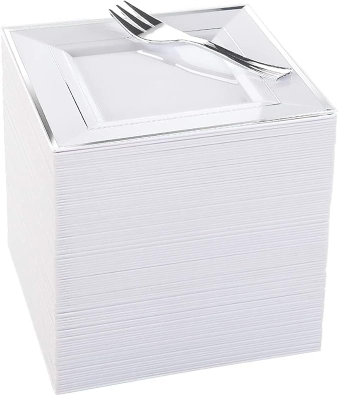 WDF Silver Plastic Dessert Plates with Plastic Forks - 6” 100 Square Disposable Appetizer Plates Small Plates Cake Plates with Silver Rim &100 Small Appetizer Forks for Party/Wedding.