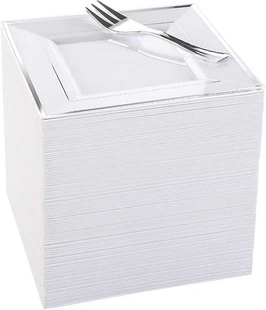 WDF Silver Plastic Dessert Plates with Plastic Forks - 6” 100 Square Disposable Appetizer Plates Small Plates Cake Plates with Silver Rim &100 Small Appetizer Forks for Party/Wedding.