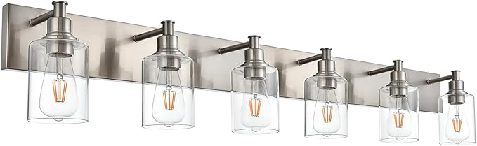 6-Lights Bathroom Light Fixtures in Brushed Nickel, Modern Vanity Lights with Clear Glass Shades, Wall Sconce Lighting Over Mirror