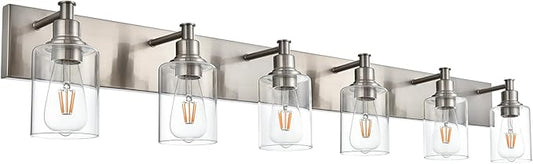 6-Lights Bathroom Light Fixtures in Brushed Nickel, Modern Vanity Lights with Clear Glass Shades, Wall Sconce Lighting Over Mirror