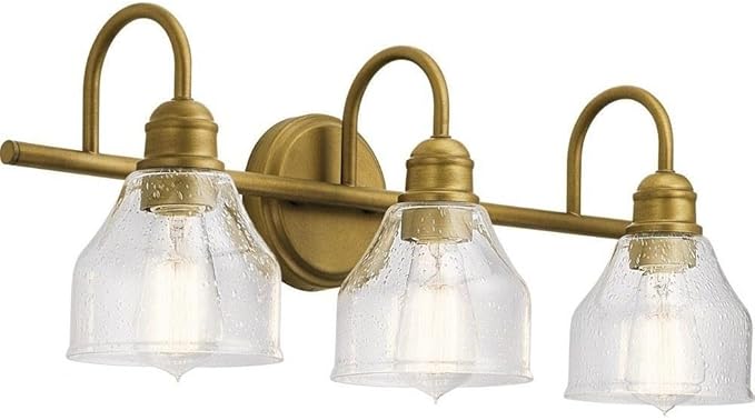 KICHLER Lighting 45973NBR Avery - 3 Light Bath Vanity Approved for Damp Locations - with Vintage Industrial Inspirations - 9.25 inches Tall by 24 inches Wide, Finish Color: Natural Brass