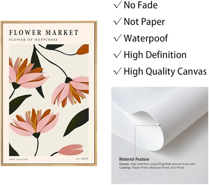 Gufro Framed Flower Market Canvas Wall Art,Flower Abstract Minimalist Wall Art,Danish Pastel Art Print for Living Room Bedroom office Decoration-12''x16''Natural Framed