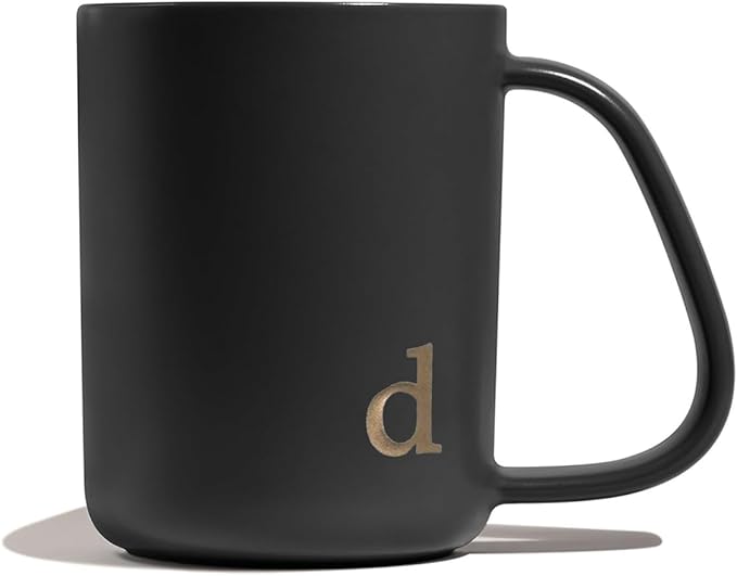 COLLECTIVE HOME - Ergonomic Handle Ceramic Mug, 15 oz Personalized Coffee Cup with Golden Initial, Microwave & Dishwasher Safe, Elegant Monogram Tea Mug in Gift Box for Home & Office (Black-d)
