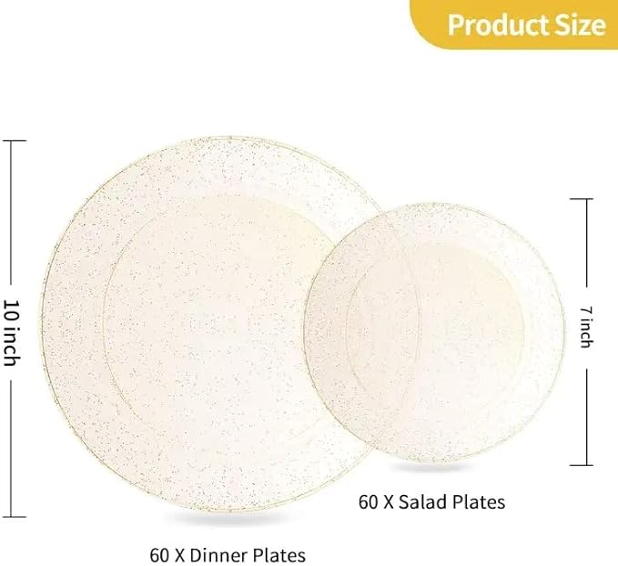 Goodluck 120PCS Gold Plastic Plates, Disposable Gold Glitter Plates, Heavy Duty 60pcs 10.25" Dinner Plates, 60pcs 7.5" Disposable Dessert Plates, Disposable Plates for Party, Wedding