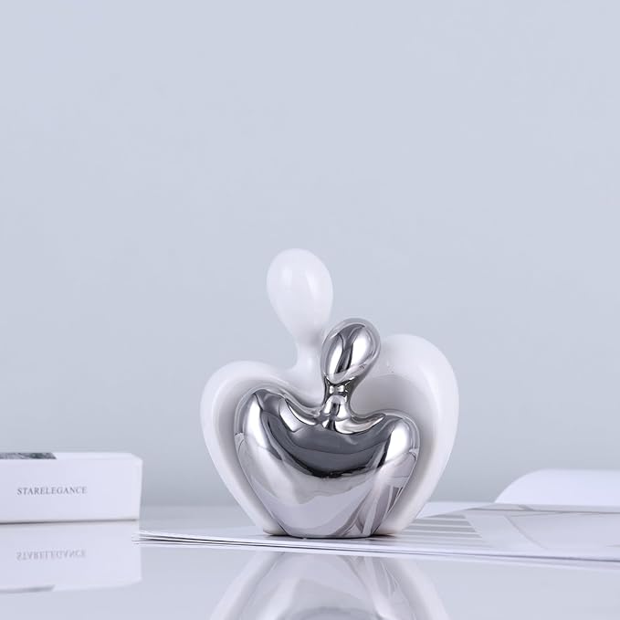 White and Silver Mini Ceramic Couple Sculpture, Romantic Love Decorative Statue, Couple, Silver Home Decor, Suitable for Dresser, Bookshelf, Office, Coffee Table Desktop Decoration.
