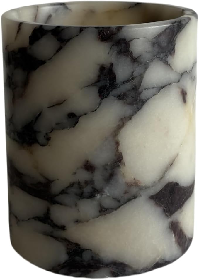 Handmand Natural Marble with Holes Stone Vintage Kitchen Utensil Holder - 5.1" D X 6.3" H Kitchen Counter Organizers and Storage Tool Crock (Calacatta Purple Marble)