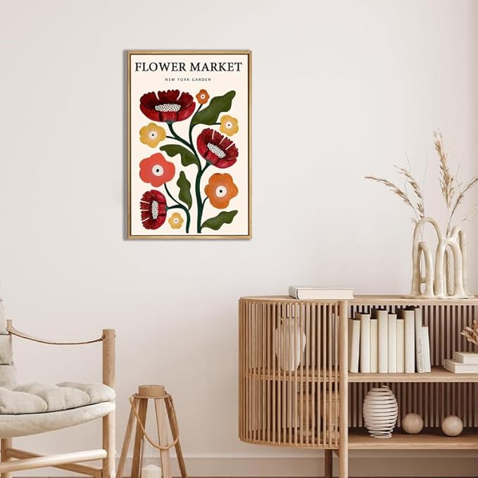 Gufro Boho Flower Market Framed Canvas Wall Art,Red Aesthetic Abstract Canvas Floral Wall Art for Bathroom，Living Room-16x24in