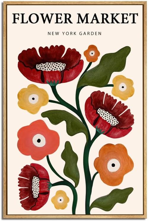 Gufro Boho Flower Market Framed Canvas Wall Art,Red Aesthetic Abstract Canvas Floral Wall Art for Bathroom，Living Room-24x32in