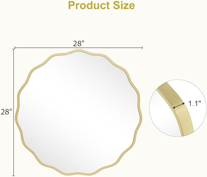WallBeyond Round Wavy Mirror for Wall Decorative 28 inch, Modern Round Mirror Aluminum Frame for Bathroom Bedroom Living Room Home House Office Entryway, Gold