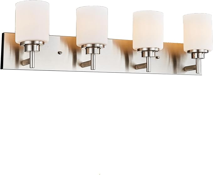 Bathroom Vanity Light Fixture, Brushed Nickel | 32 Inch 4 Lights, White Glass Shade, Vanity Lights for Bathroom, Living Room, Bedroom, Farmhouse
