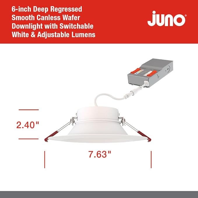 Juno LED Recessed Lights 6 Inch Round Wafer Downlight, 5-in-1 Switchable White Color Temperature, Adjustable Brightness, Deep Regressed Smooth Trim, 6-Inch, Matte White