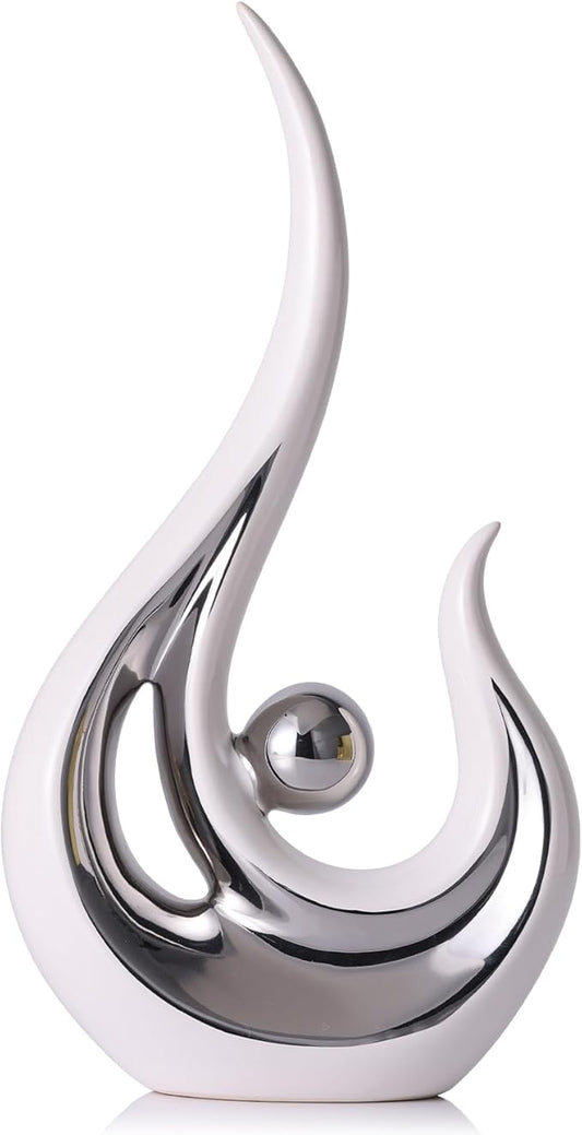 LCCCK White Silver Abstract Figurine Statues for Home Decor – Modern Ceramic Sculpture Accent, Decorative Statues for Living Room, Shelf, TV Stand, Office or Coffee Table Centerpiece Art Decoration