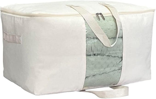 Soft Canvas Clothes Storage Bags with Four Carrying Handles and Clear Window, Closet Organizer for Clothing, Blankets Sheets and Bedding, 55L, Beige