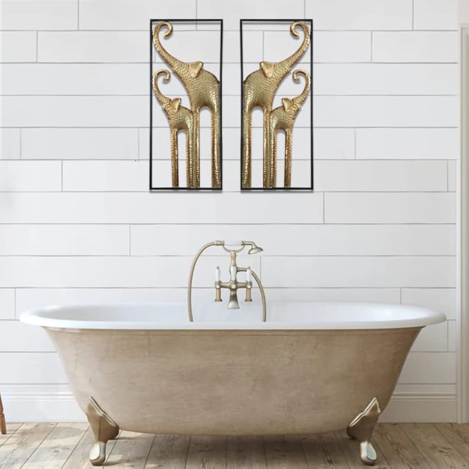 HKaikzo Set of 2 Elephant Wall Decor, African Wall Decor, Gold Elephant Wall Art, Animal Decorations for Living Room, Modern Metal Decor(11.8x27.6in)