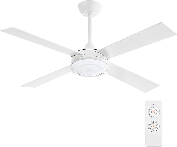WINGBO 52 Inch Ceiling Fan with Lights and Remote, 3CCT, Modern Ceiling Fan with Ripple Glass Shade, 6-Speed Reversible DC Motor for Bedroom Living Room Kitchen Hallway, Gloss White