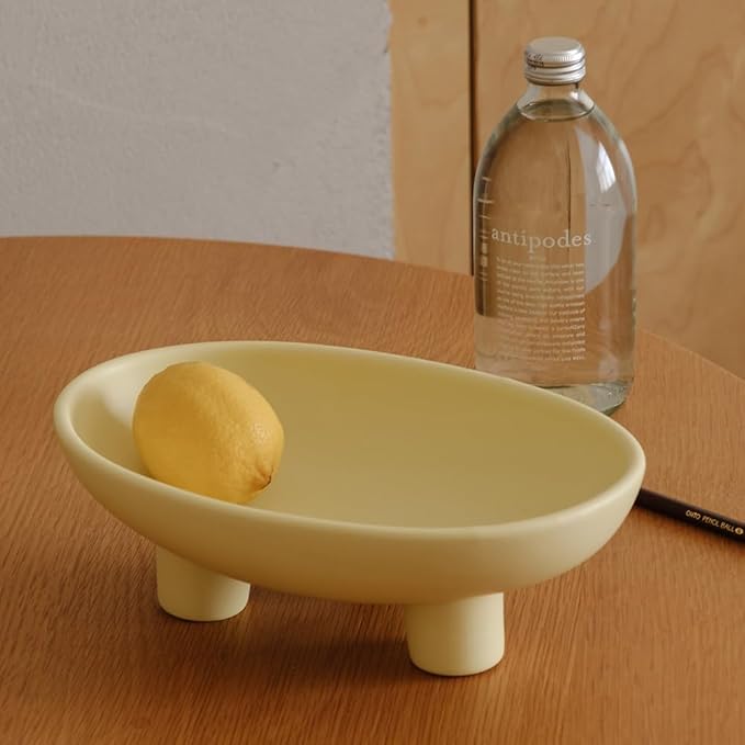 WENSHUO Three-Legs Ceramic Fruit Bowl for Kitchen Counter, Decorative Bowl for Table Décor, 10-inch Oval Large Bowls for Breads (Matte Yellow)