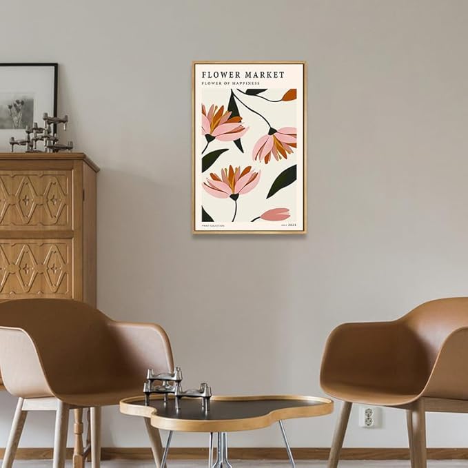 Gufro Framed Flower Market Canvas Wall Art,Flower Abstract Minimalist Wall Art,Danish Pastel Art Print for Living Room Bedroom office Decoration-12''x16''Natural Framed